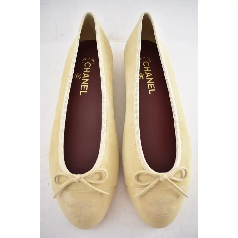 Chanel 26A Beige Suede Patent Leather CC Logo Bow Tie Ballet Ballerina Flat 39.5 - Picture 13 of 16